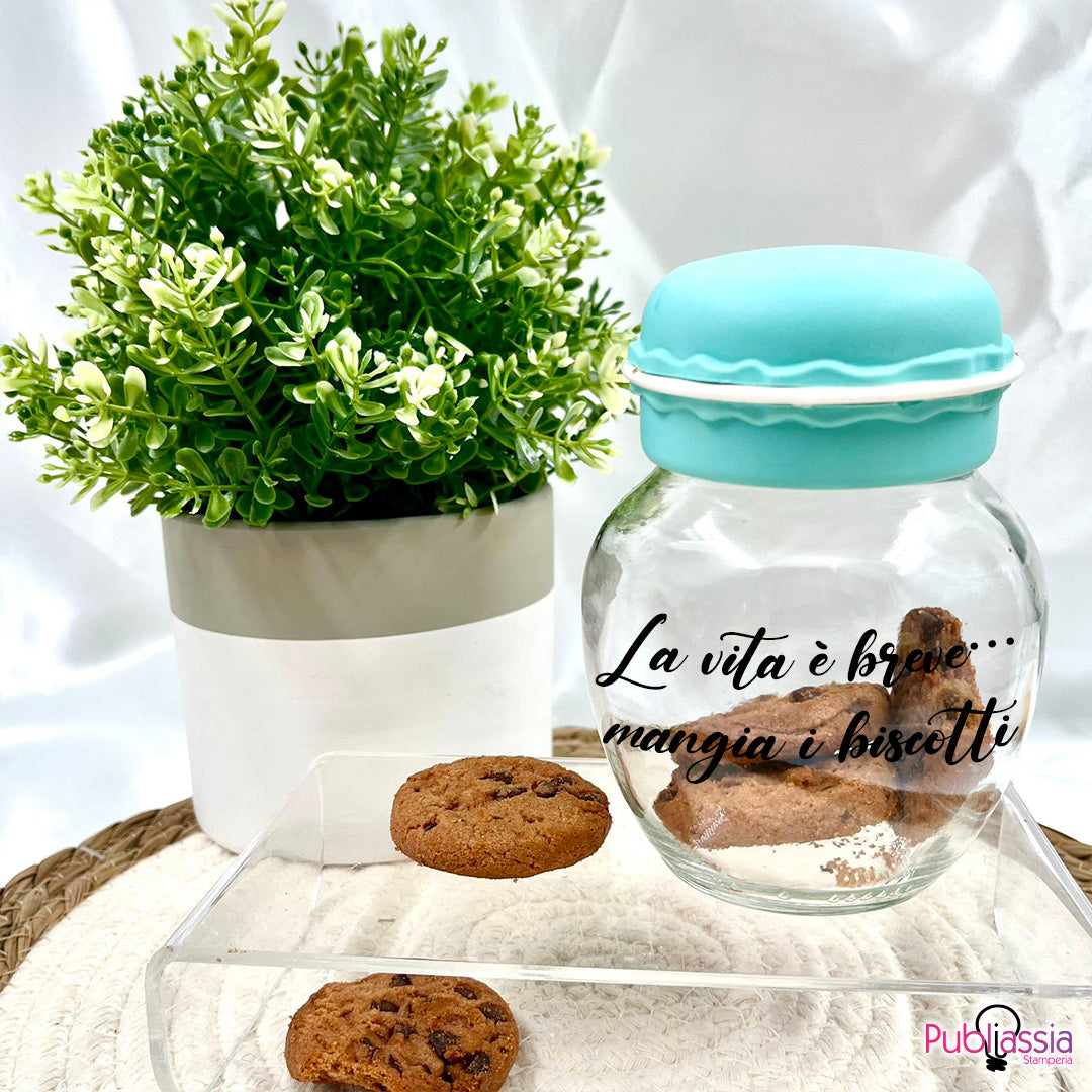 La vita è breve mangia i biscotti - Vasetto Barattolo Salvafreschezza Personalizzato Coperchio a forma di Macaron