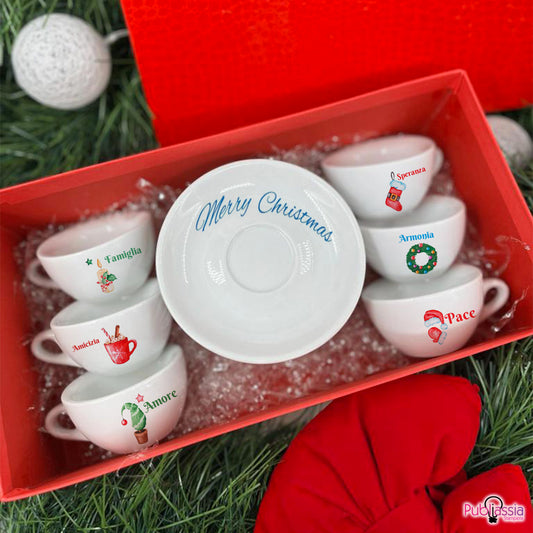 Merry Christmas - Set 6 Tazzine da Caffè + Piattini in Ceramica Personalizzati e Scatola rossa