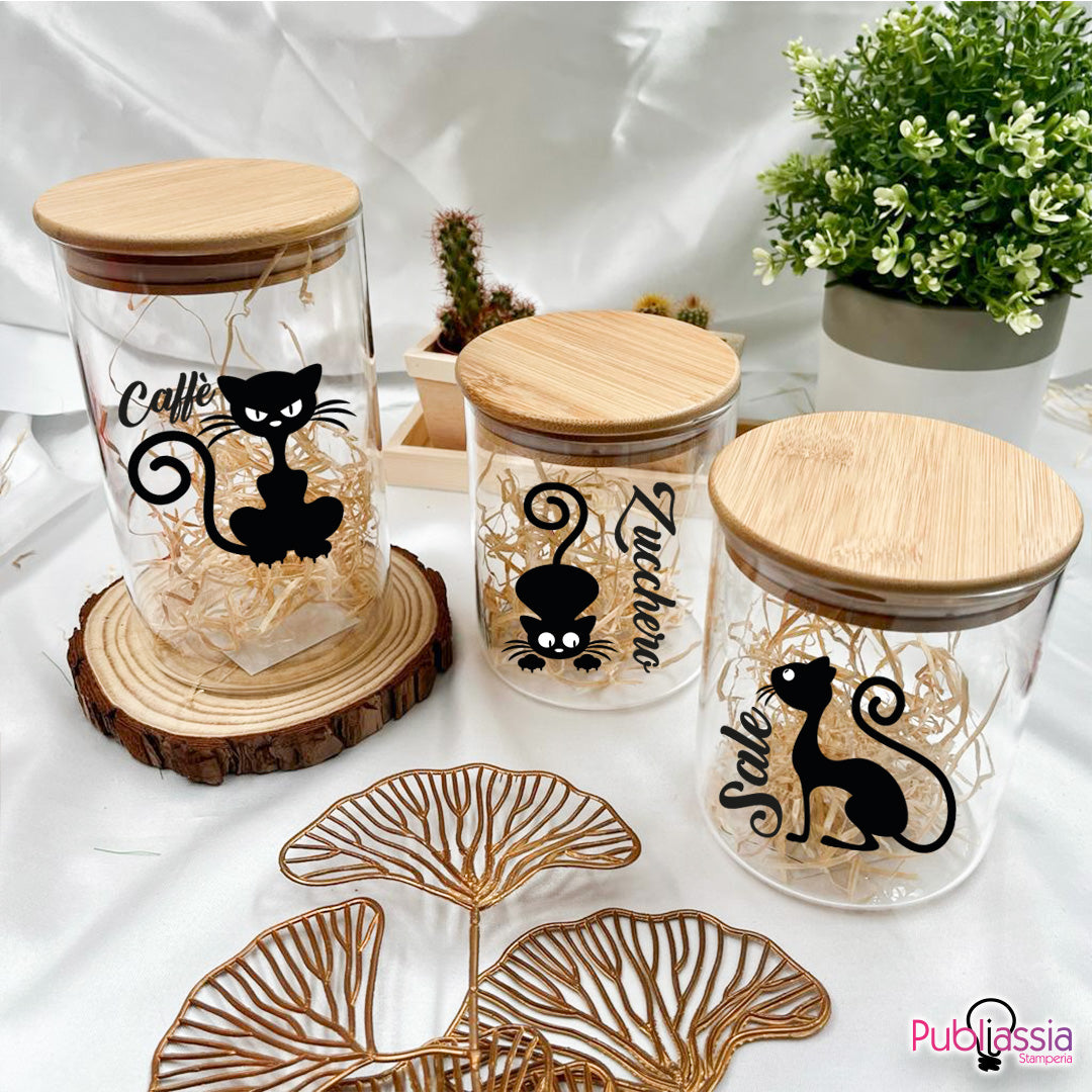 Cats - Set 3 Contenitori Trasparenti per Caffè Zucchero Sale