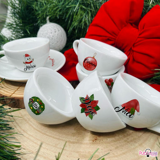 Buon Natale - Set 6 Tazzine da Caffè + Piattini in Ceramica Personalizzati con Nomi e Scatola rossa
