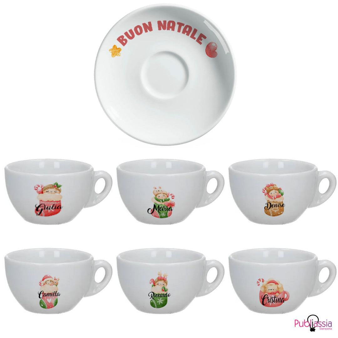 Love Christmas - Set 6 Tazzine da Caffè + Piattini in Ceramica Personalizzati con Nomi e Scatola rossa