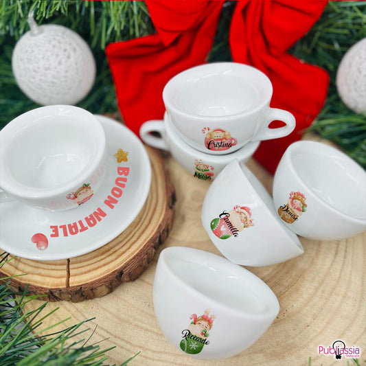 Love Christmas - Set 6 Tazzine da Caffè + Piattini in Ceramica Personalizzati con Nomi e Scatola rossa