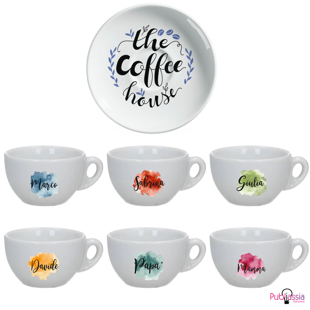 The Coffee House - Set 6 Tazzine da Caffè + Piattini in Ceramica Personalizzati con Nomi e Scatola rossa