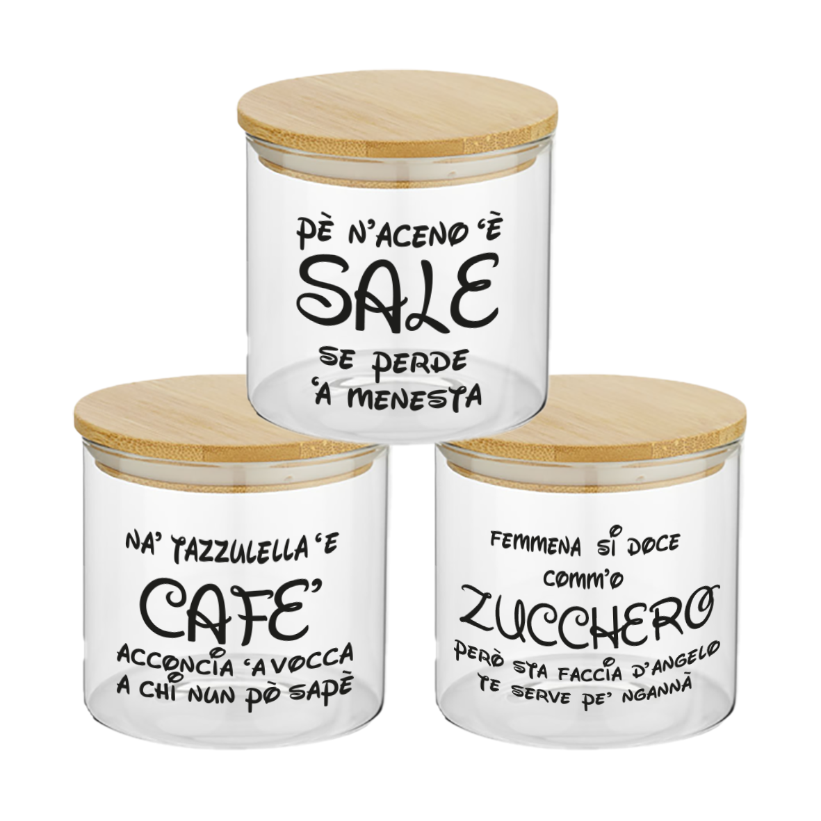 Napoletano - Set 3 Contenitori Trasparenti per Caffè Zucchero Sale