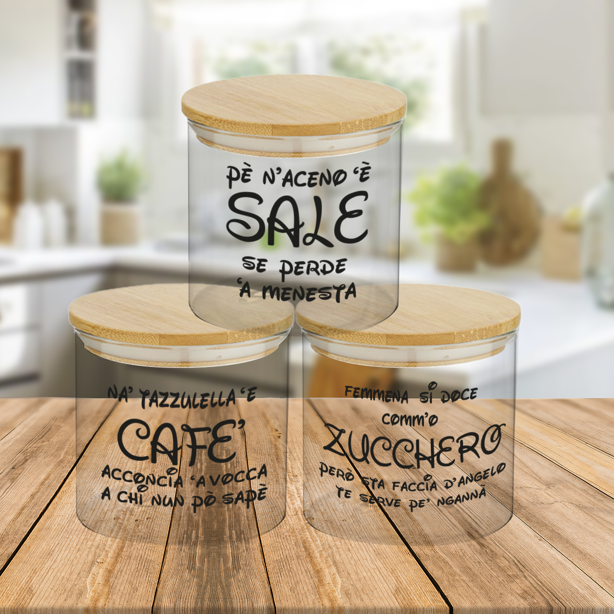 Napoletano - Set 3 Contenitori Trasparenti per Caffè Zucchero Sale