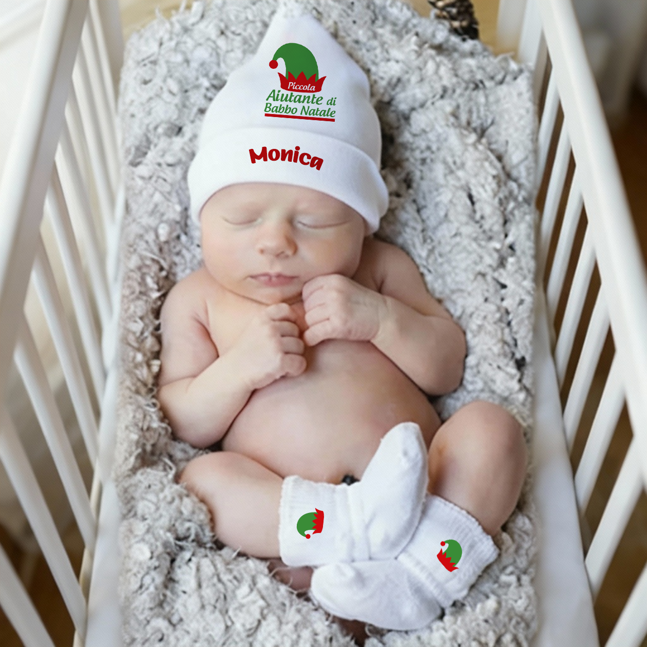 Piccola Aiutante di Babbo Natale - Set Nascita Cappellino + Calzini - personalizzato con nome