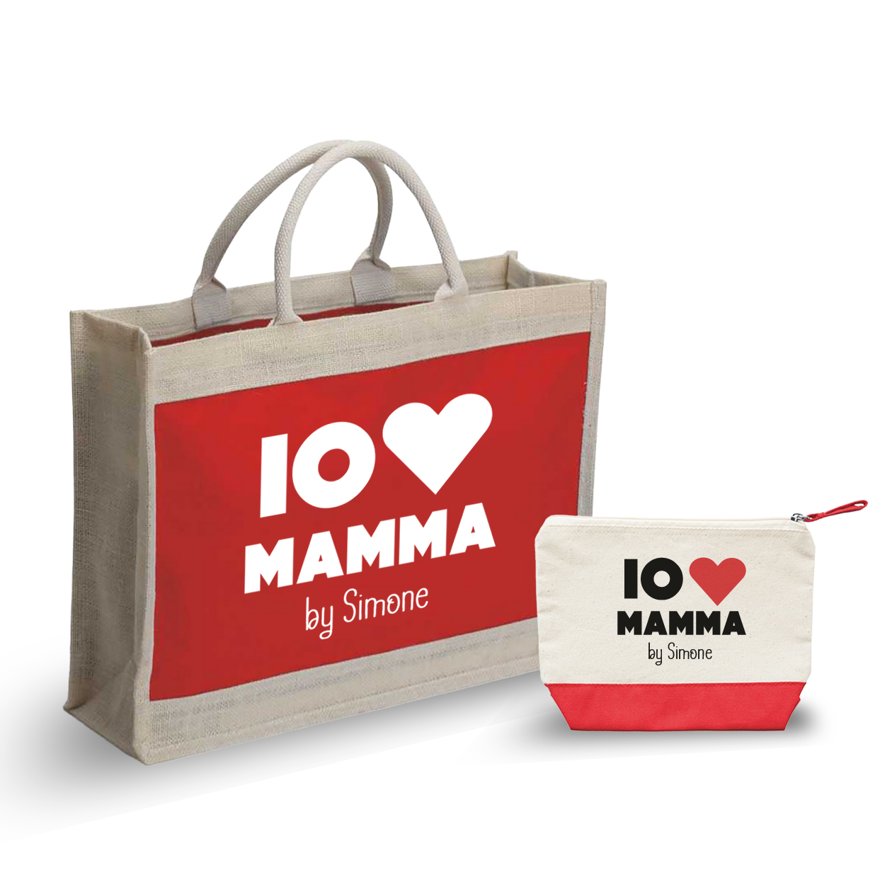 Io amo mamma - Combo: Borsa mare + Pochette - personalizzata con nome