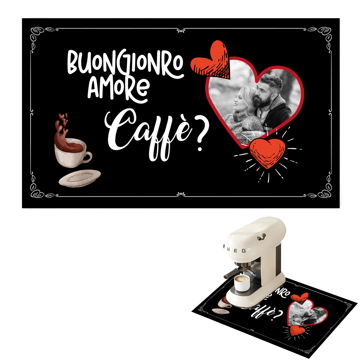 Buongiorno amore, caffè? - Tappetino per Macchina del caffè con Retro in Gomma Tappeto 30x40cm - personalizzato con foto