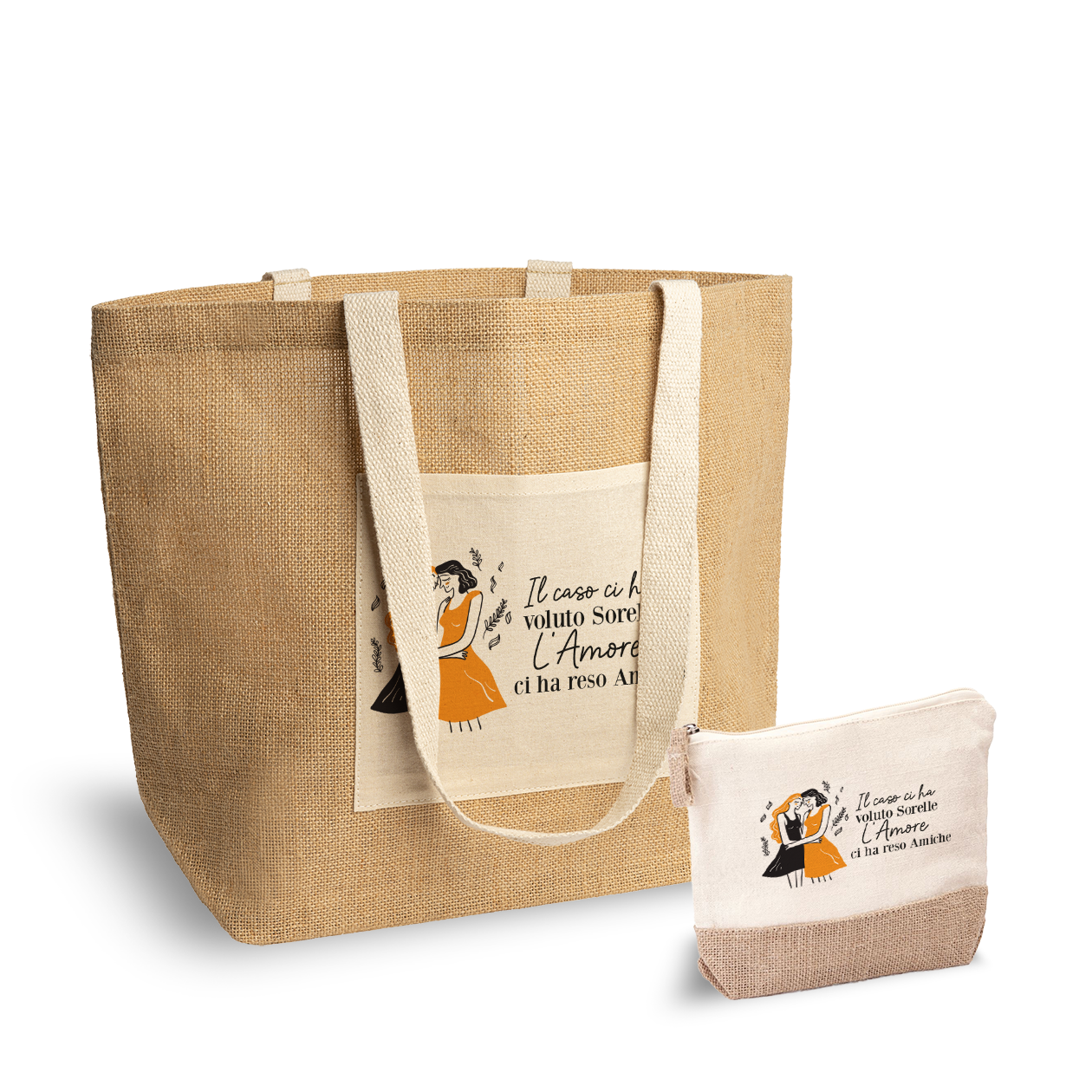 Amore tra sorelle - Set Combo Borsa mare e Pochette in Juta laminata