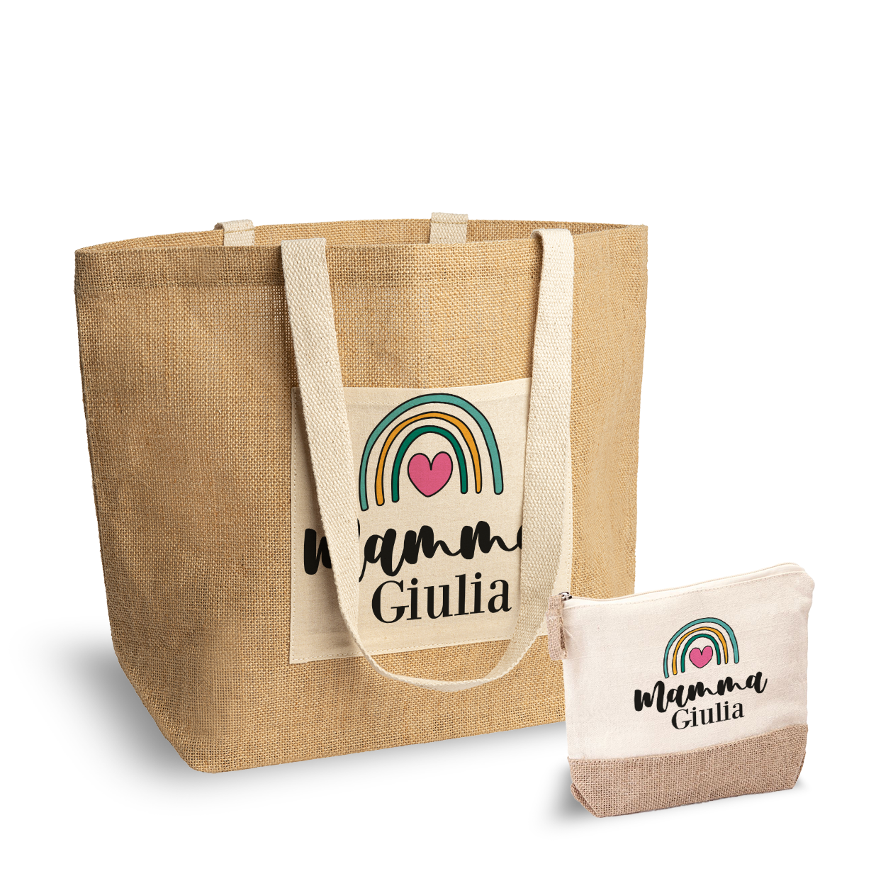 Mamma rainbow heart - Set Combo Borsa mare e Pochette in Juta laminata - personalizzata con nome