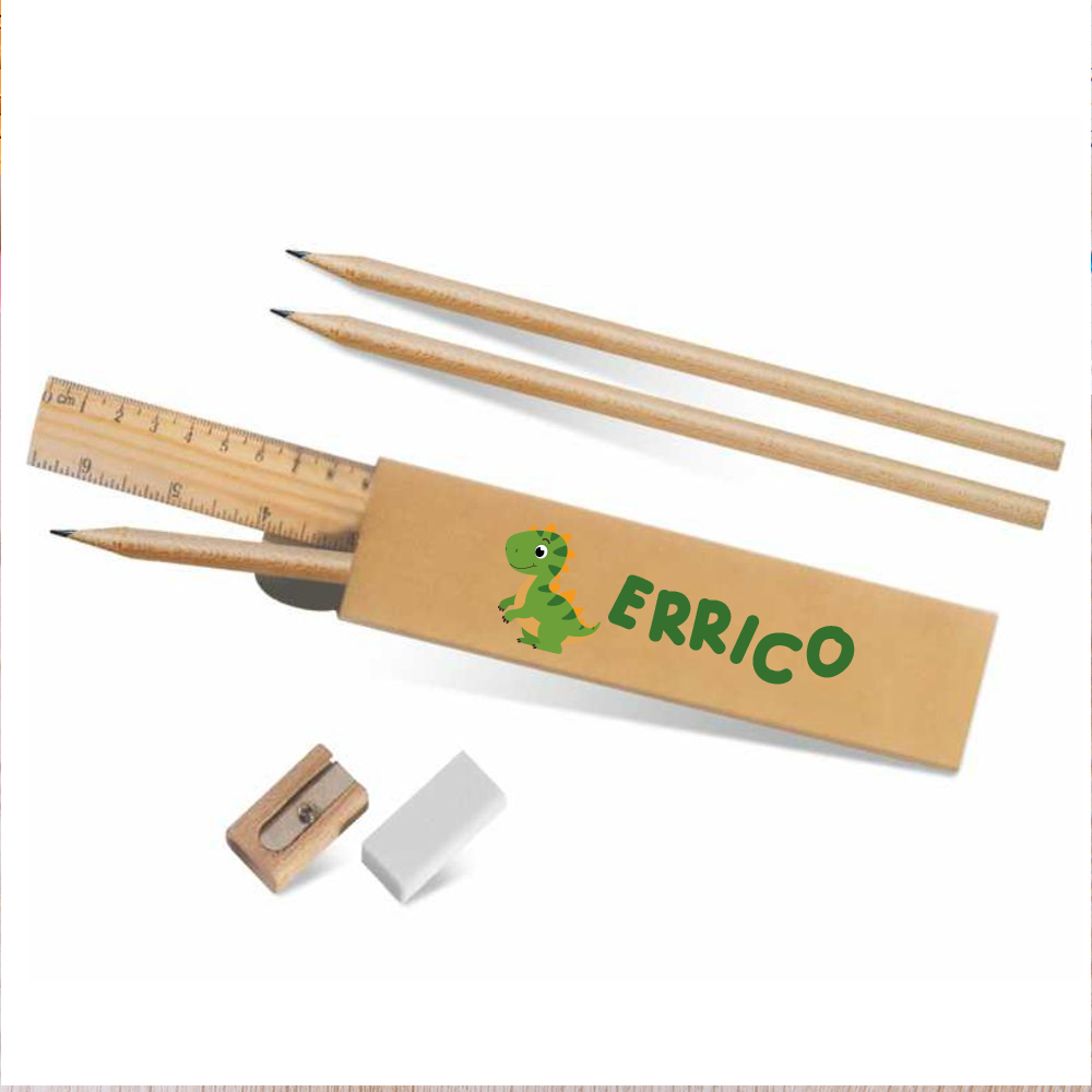 Dino - Kit cancelleria regalo in legno da 4 pezzi - personalizzato con nomi