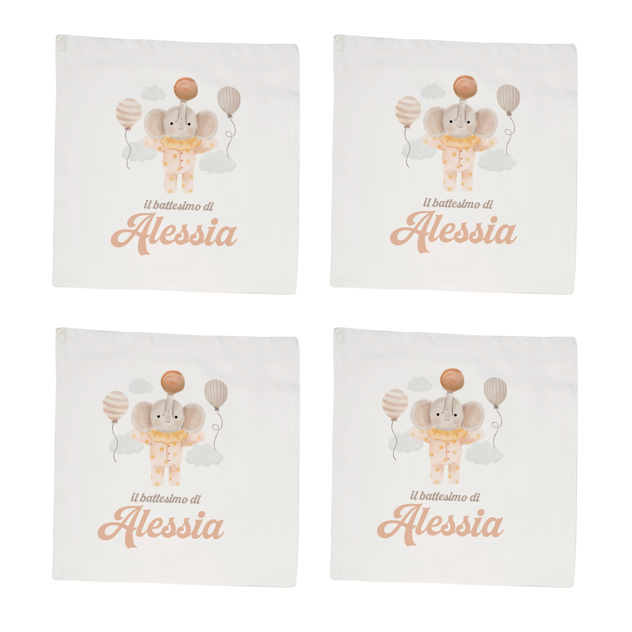 Battesimo Elephant - Set 4 tovaglioli - personalizzato con nome