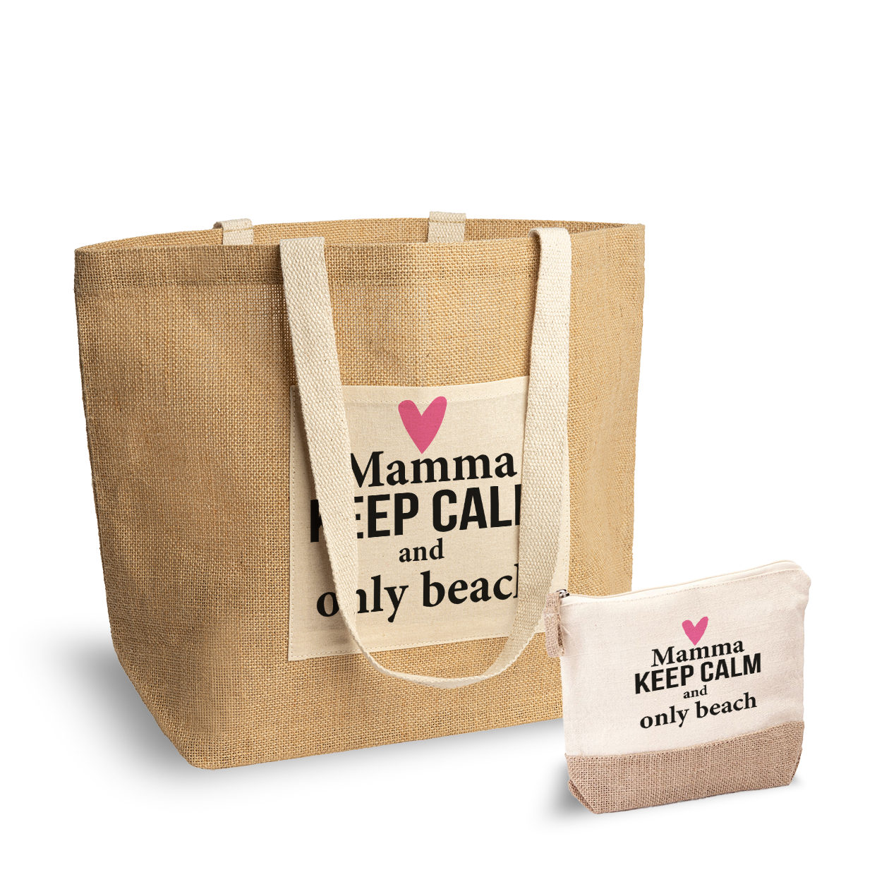 Mamma keep calm and only beach - Set Combo Borsa mare e Pochette in Juta laminata