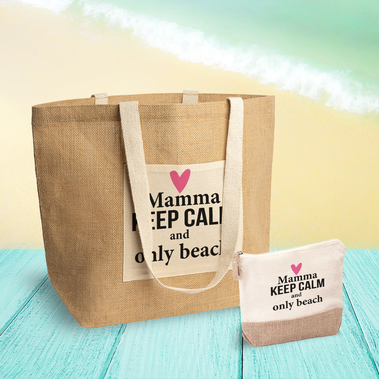 Mamma keep calm and only beach - Set Combo Borsa mare e Pochette in Juta laminata