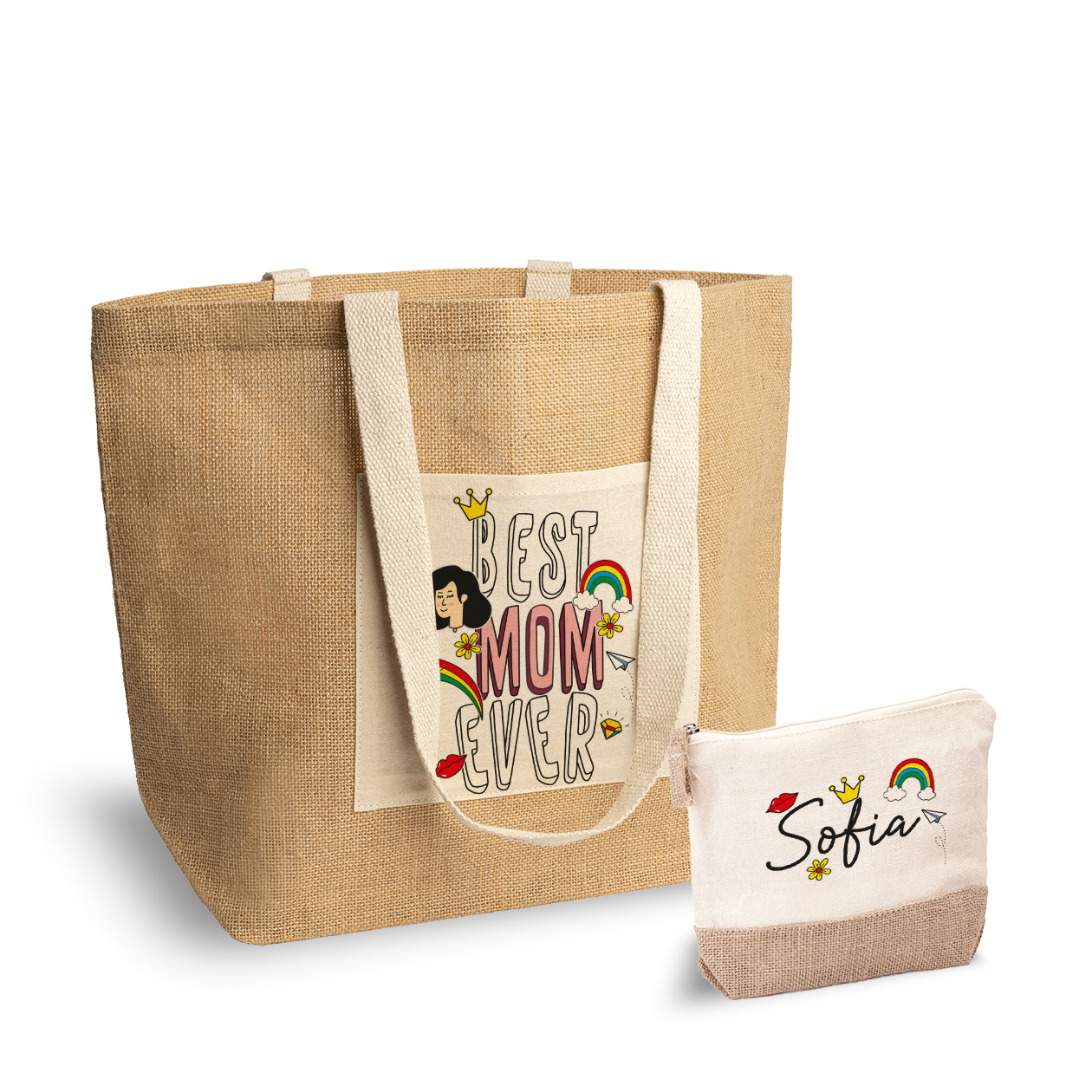 Best mom ever - Set Combo Borsa mare e Pochette in Juta laminata