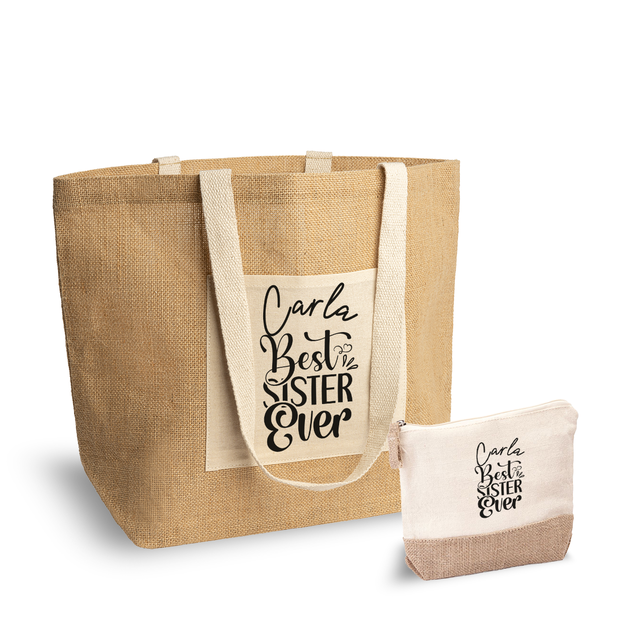 Best sister ever - Set Combo Borsa mare e Pochette in Juta laminata - personalizzato con nome