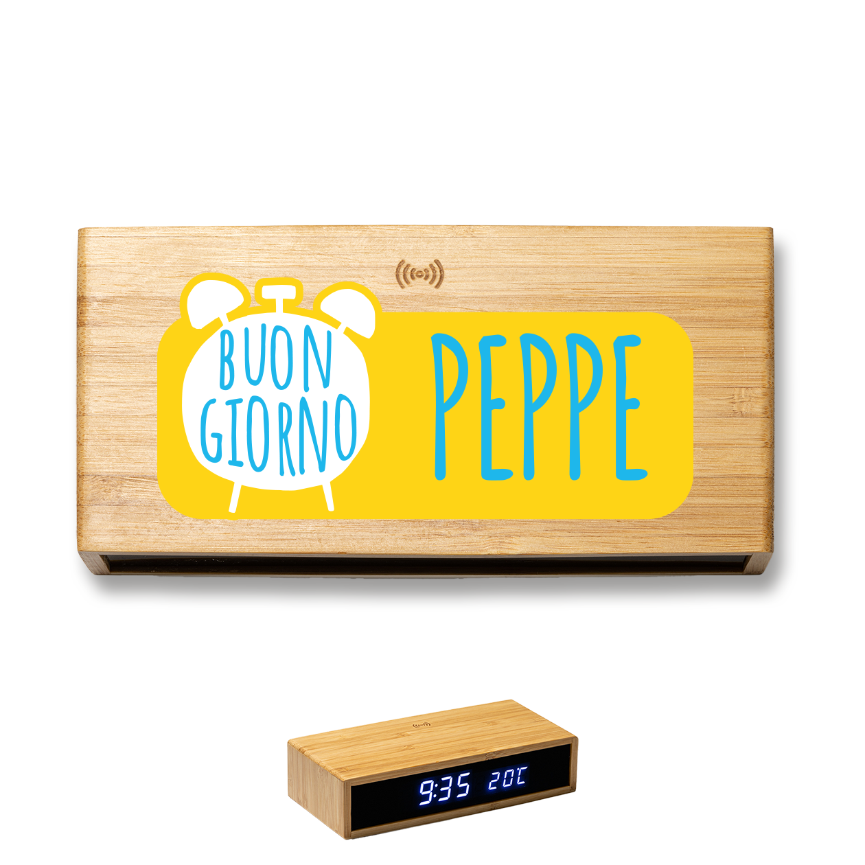 Buon giorno - Sveglia Digitale in Bambù con Orologio da Tavolo - personalizzata con nome