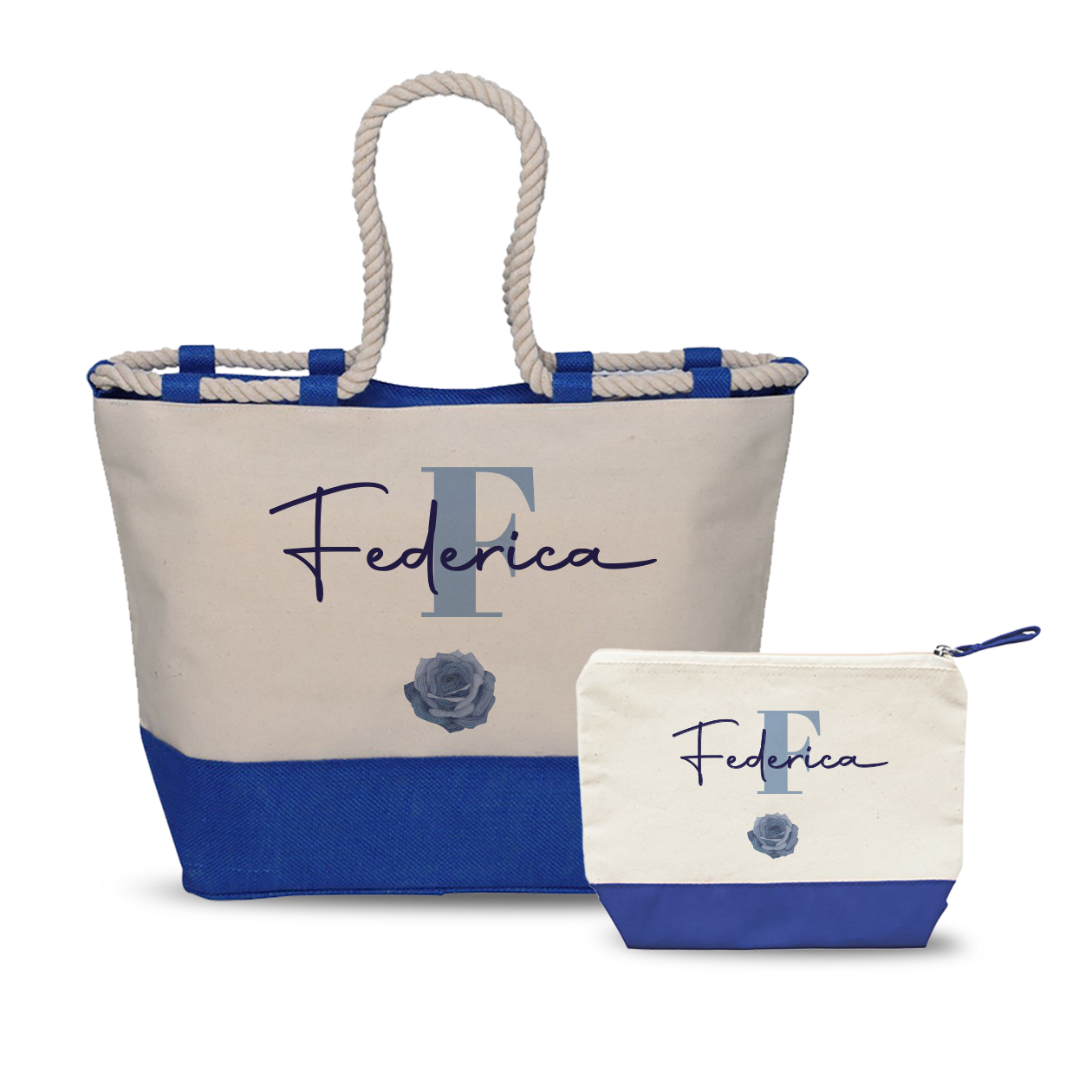 Name flower blue - Combo: Borsa mare + Pochette - personalizzata con nome