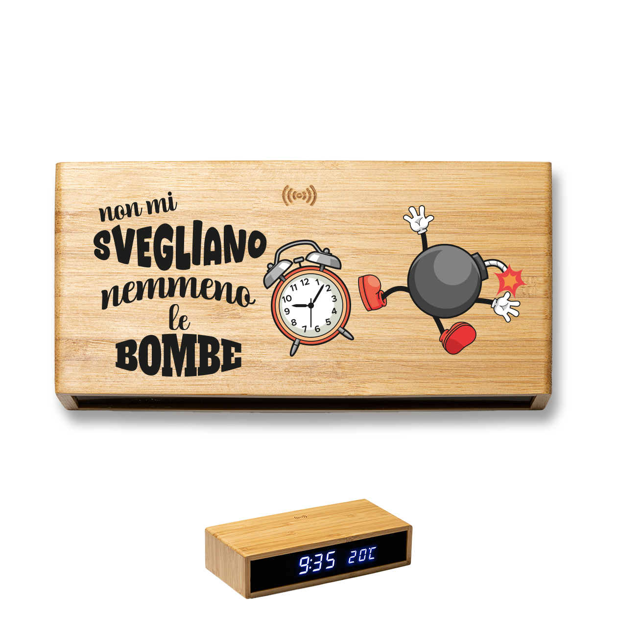 Non mi svegliano nemmeno le bombe - Sveglia Digitale in Bambù con Orologio da Tavolo