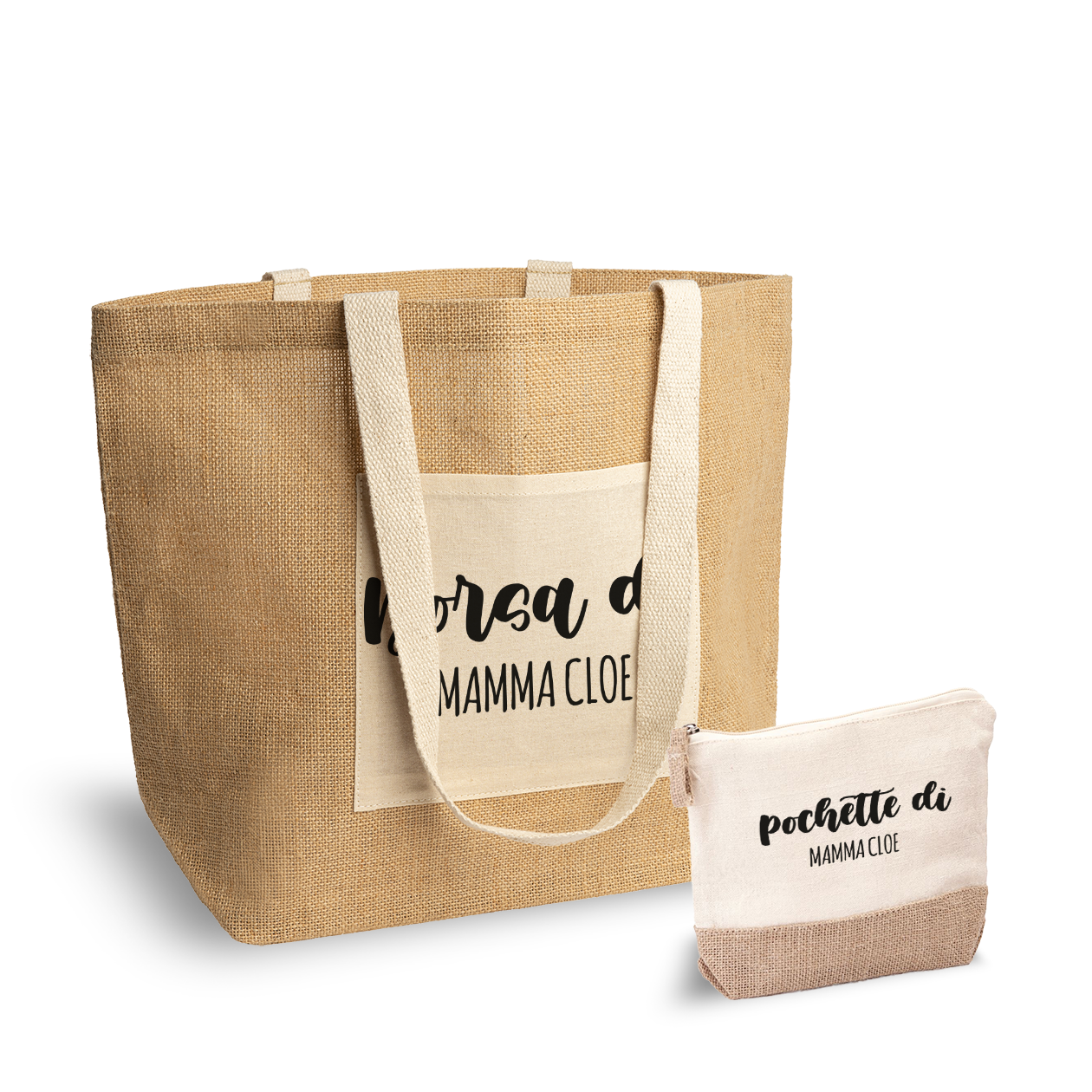 Borsa e Pochette di mamma - Set Combo Borsa mare e Pochette in Juta laminata - personalizzato con nome