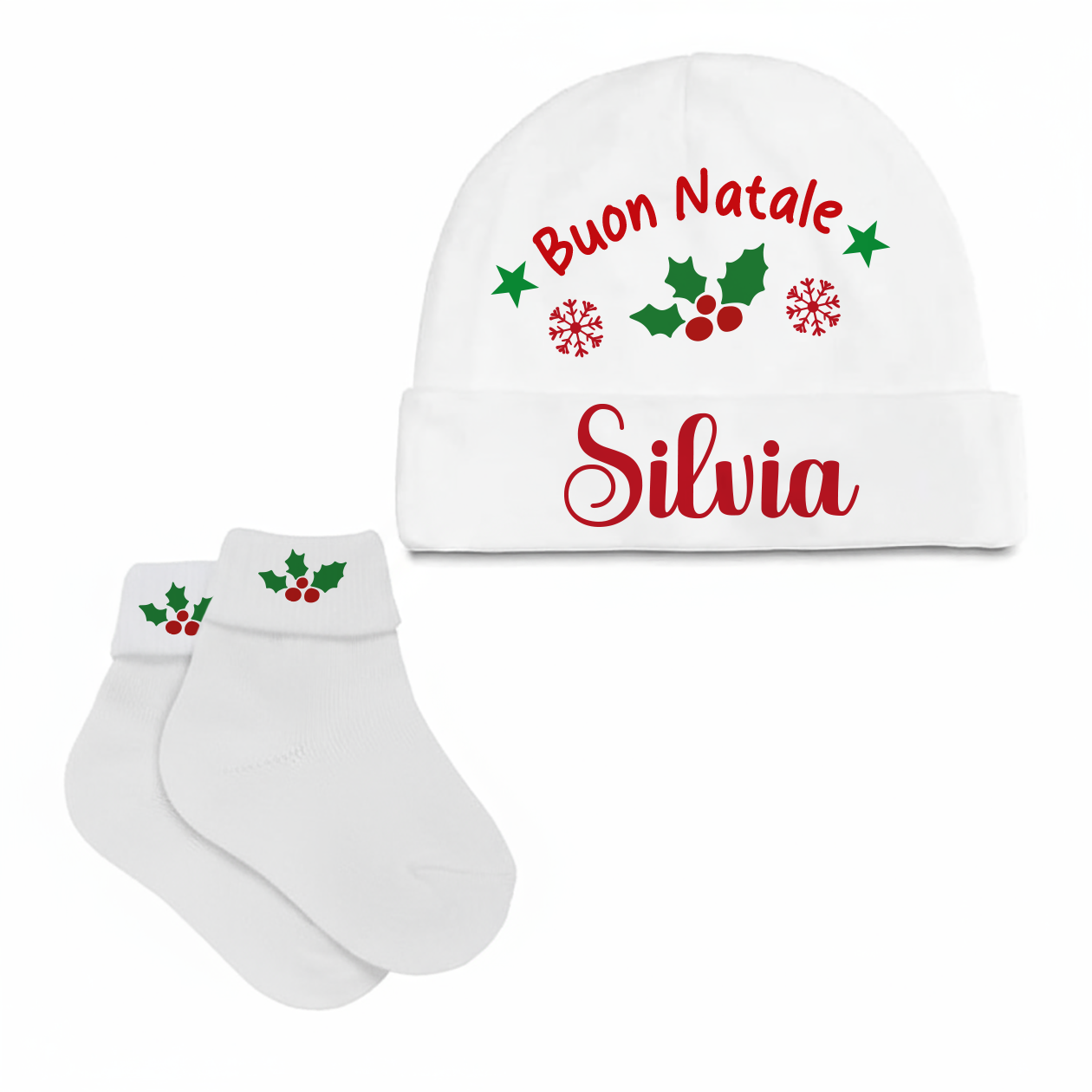 Buon Natale - Set Nascita Cappellino + Calzini - personalizzato con nome