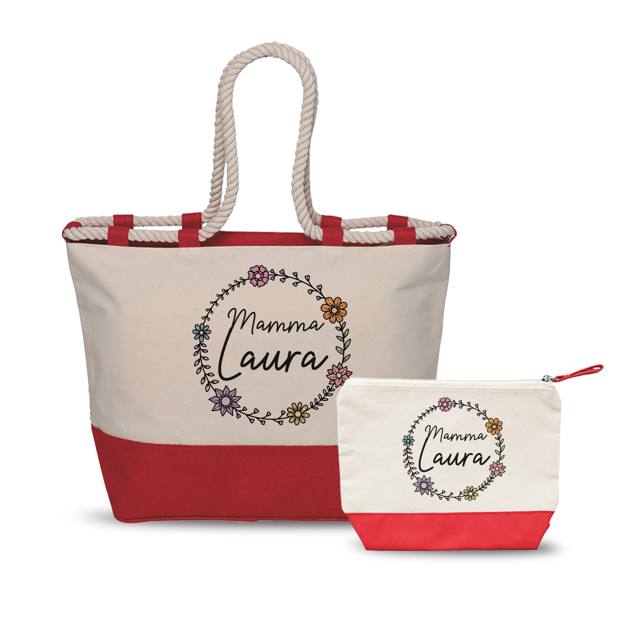 Mamma circle flowers - Combo: Borsa mare + Pochette