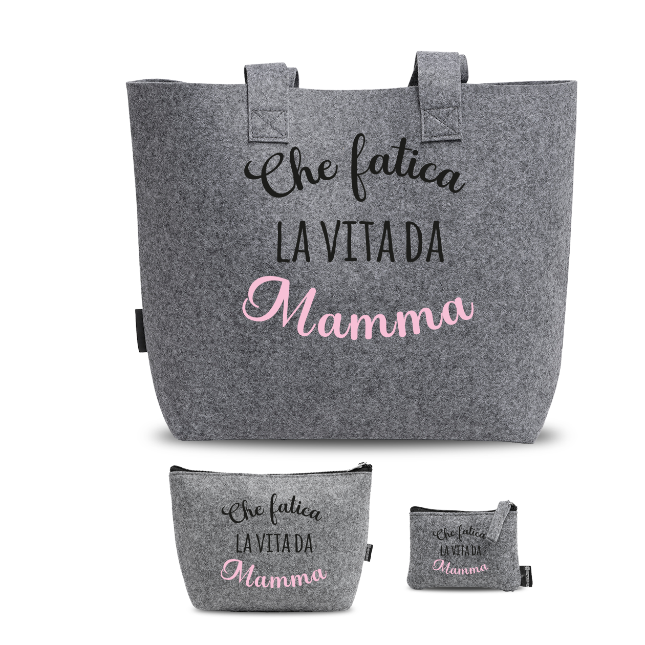 Che fatica la vita da mamma - Tris Borse in feltro con designe melange