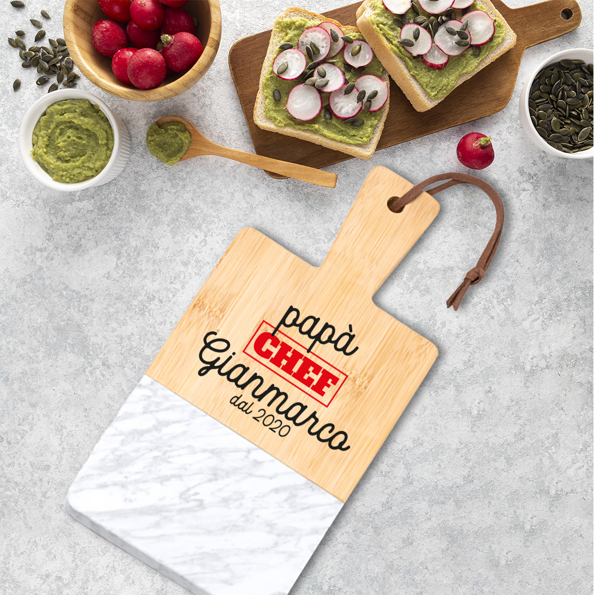 Papà chef - Tagliere in marmo e bamboo naturale - personalizzato con nome e data