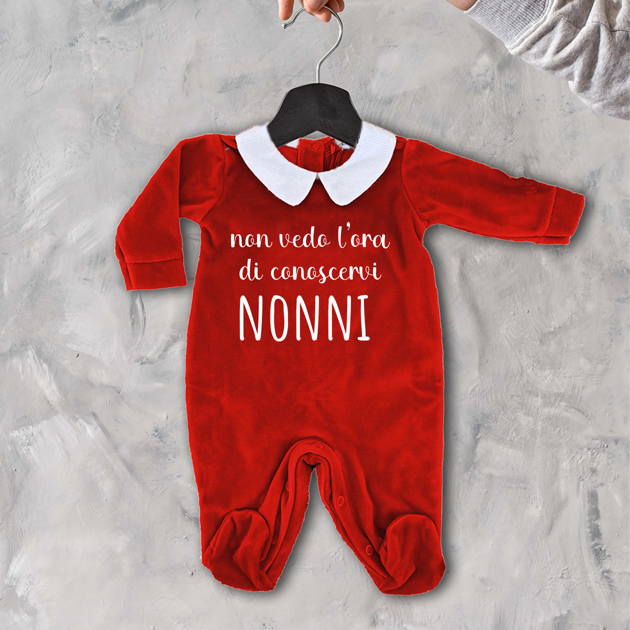 Non vedo l'ora di conosvervi nonni - Pagliaccetto Neonato in Ciniglia con Colletto Bianco