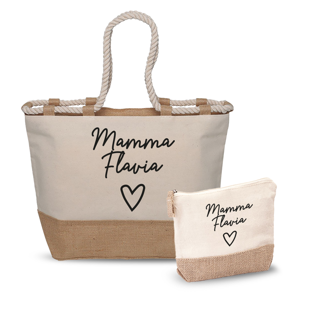 Mamma name heart - Combo: Borsa mare + Pochette - personalizzata con nome