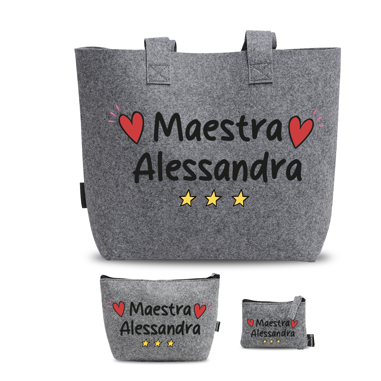 Maestra - Tris Borse in feltro con designe melange - personalizzato con nome - personalizzato con nome
