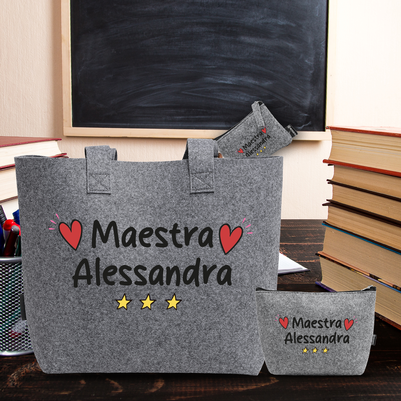 Maestra - Tris Borse in feltro con designe melange - personalizzato con nome - personalizzato con nome