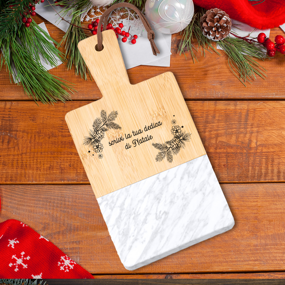 Il tuo Natale - Tagliere in marmo e bamboo naturale - personalizzato con dedica