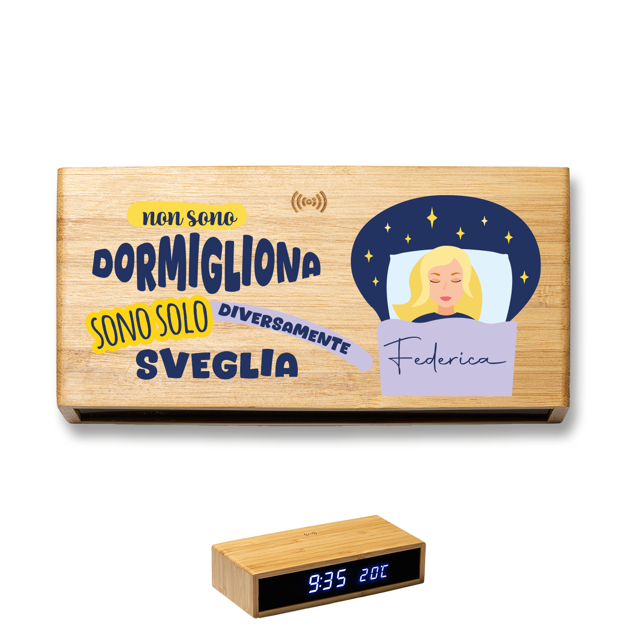 Diversamente sveglia - Sveglia Digitale in Bambù con Orologio da Tavolo - personalizzata con nome