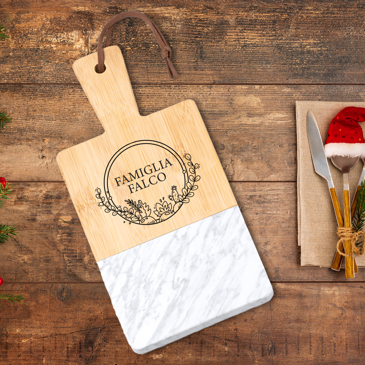 Christmas Family - Tagliere in marmo e bamboo naturale - personalizzato con cognome