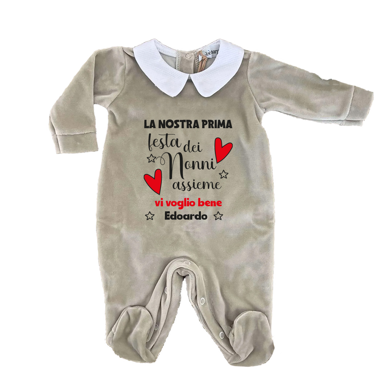 Prima festa dei nonni - Pagliaccetto Neonato in Ciniglia con Colletto Bianco personalizzato con nome