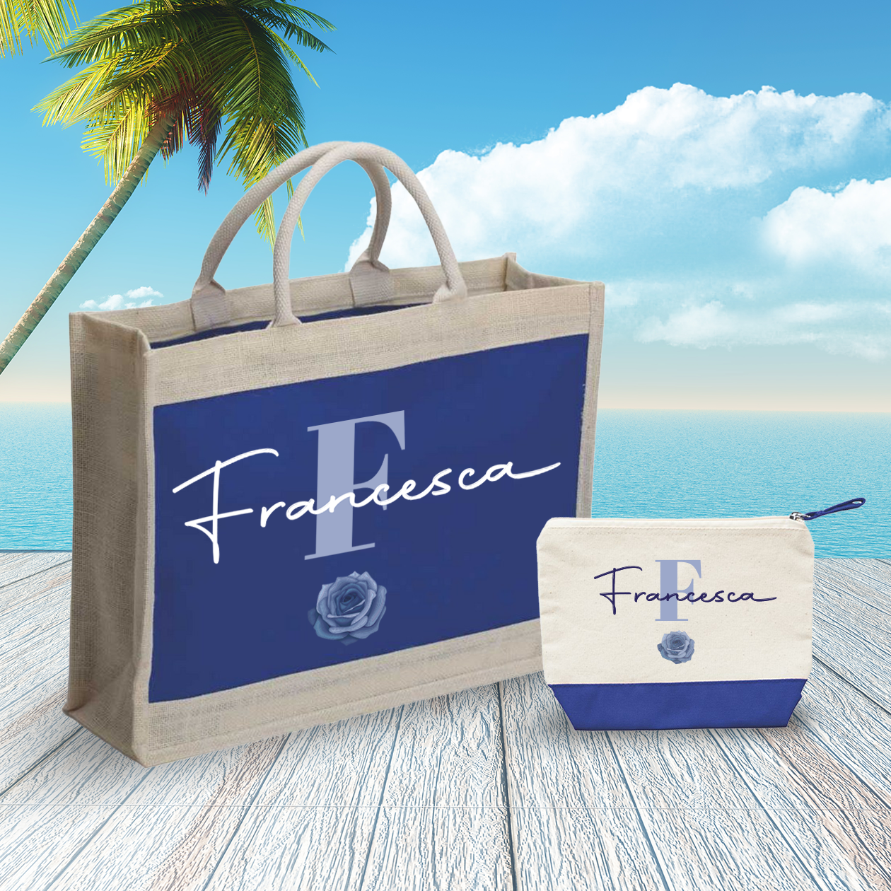 Name flower blue - Combo: Borsa mare + Pochette - personalizzata con nome