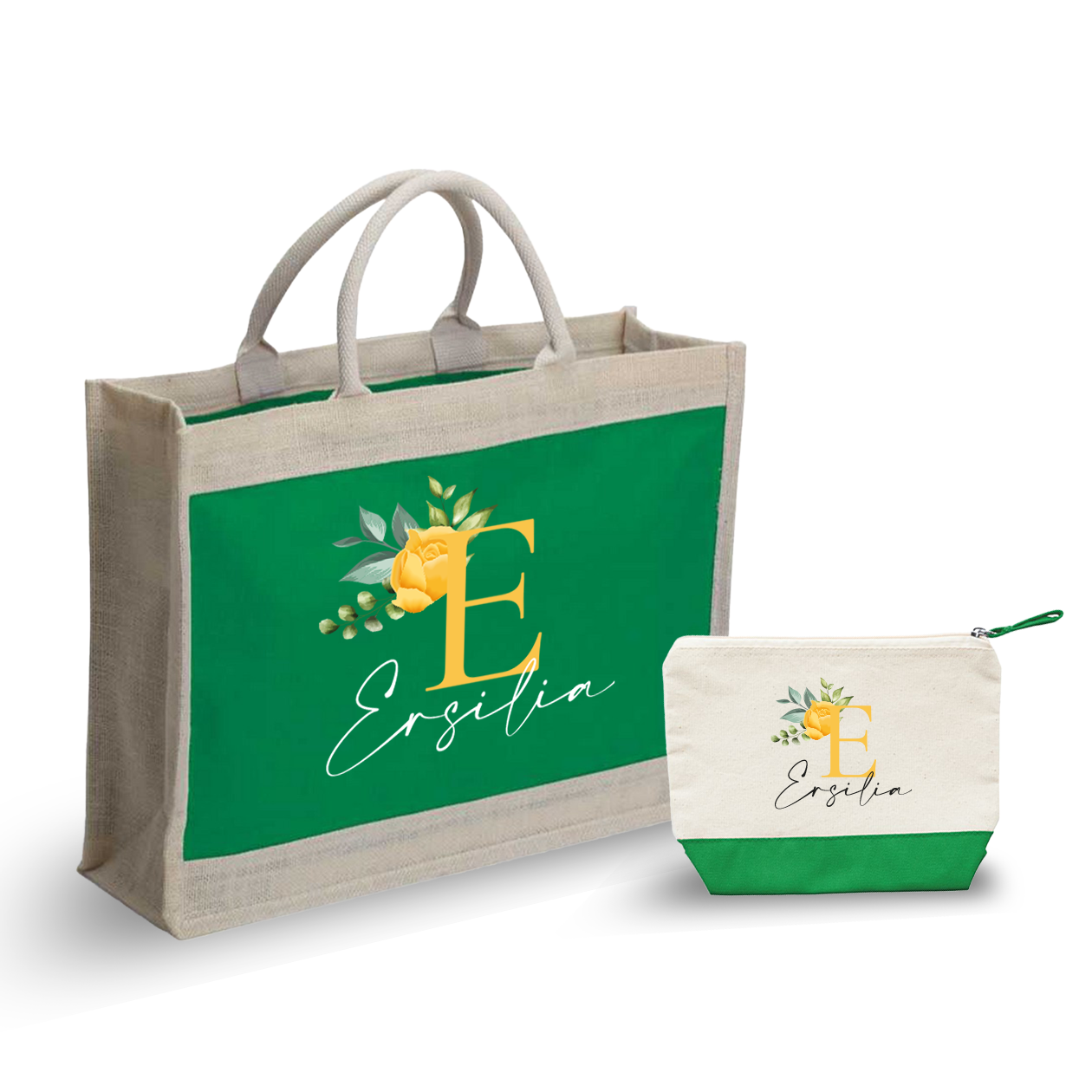 Name flower yellow - Combo: Borsa mare + Pochette - personalizzata con iniziale e nome