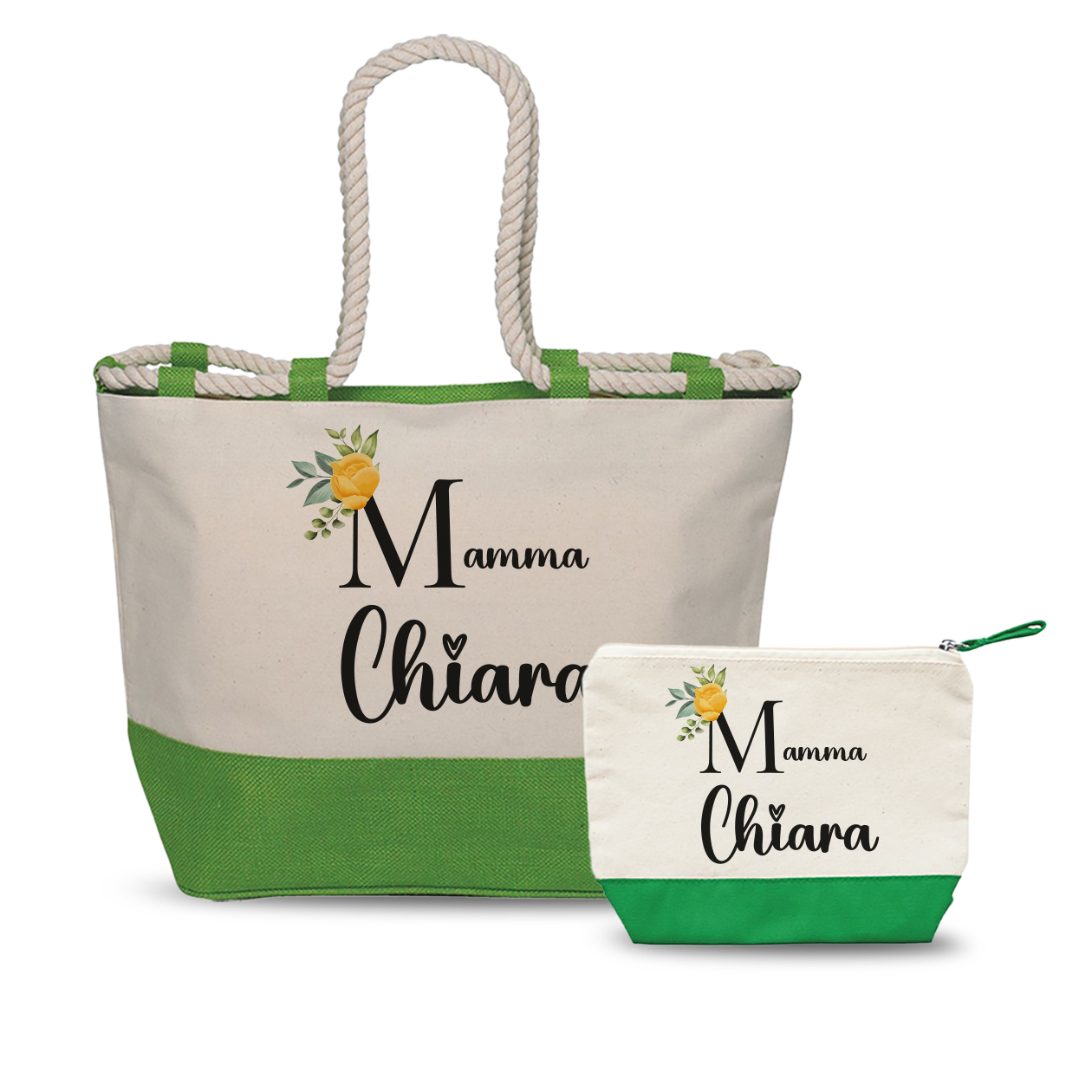 Name flower yellow - Combo: Borsa mare + Pochette - personalizzata con nome