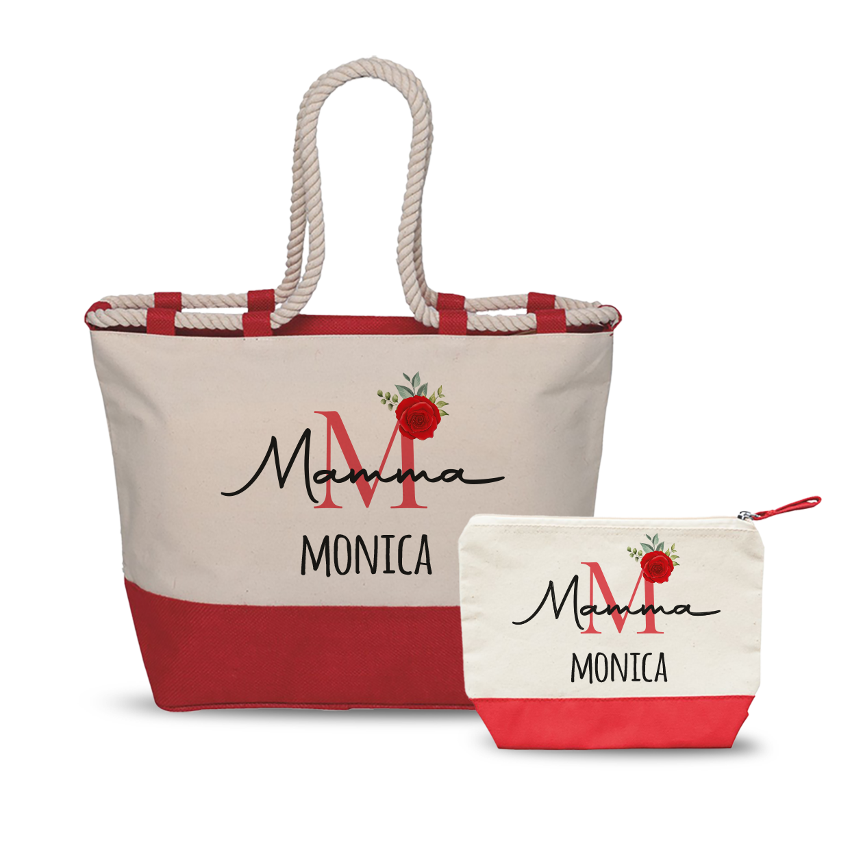 Mamma nome red flower - Combo: Borsa mare + Pochette - personalizzata con nome