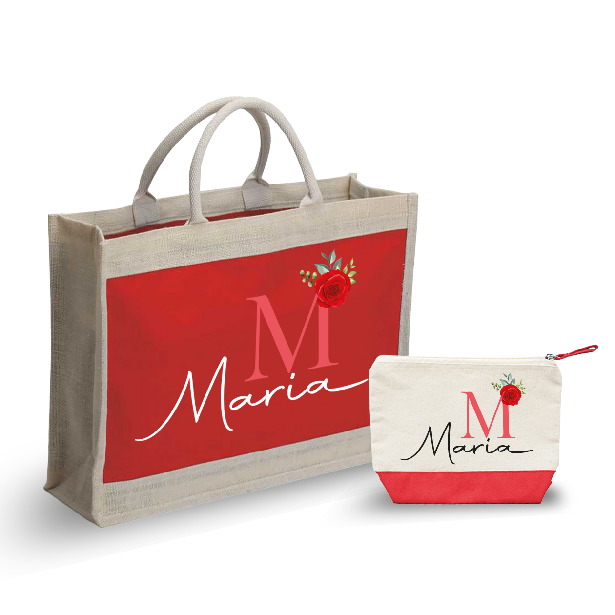 Name flower red - Combo: Borsa mare + Pochette - personalizzata con iniziale e nome