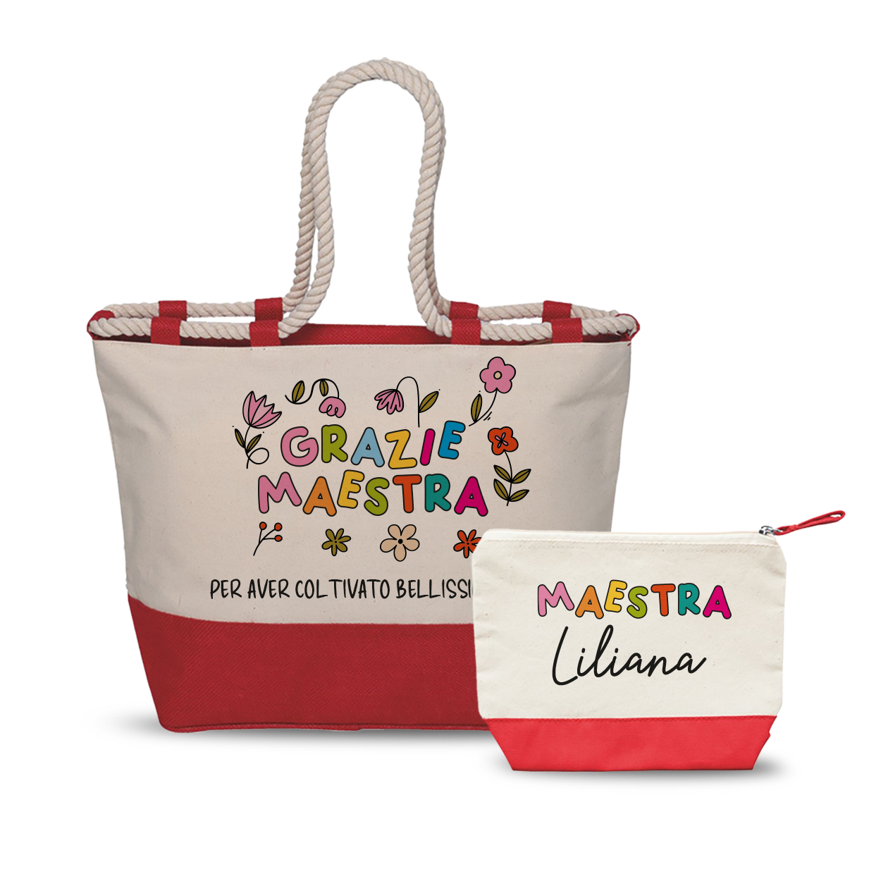 Grazie maestra color - Combo: Borsa mare + Pochette - personalizzata con nome