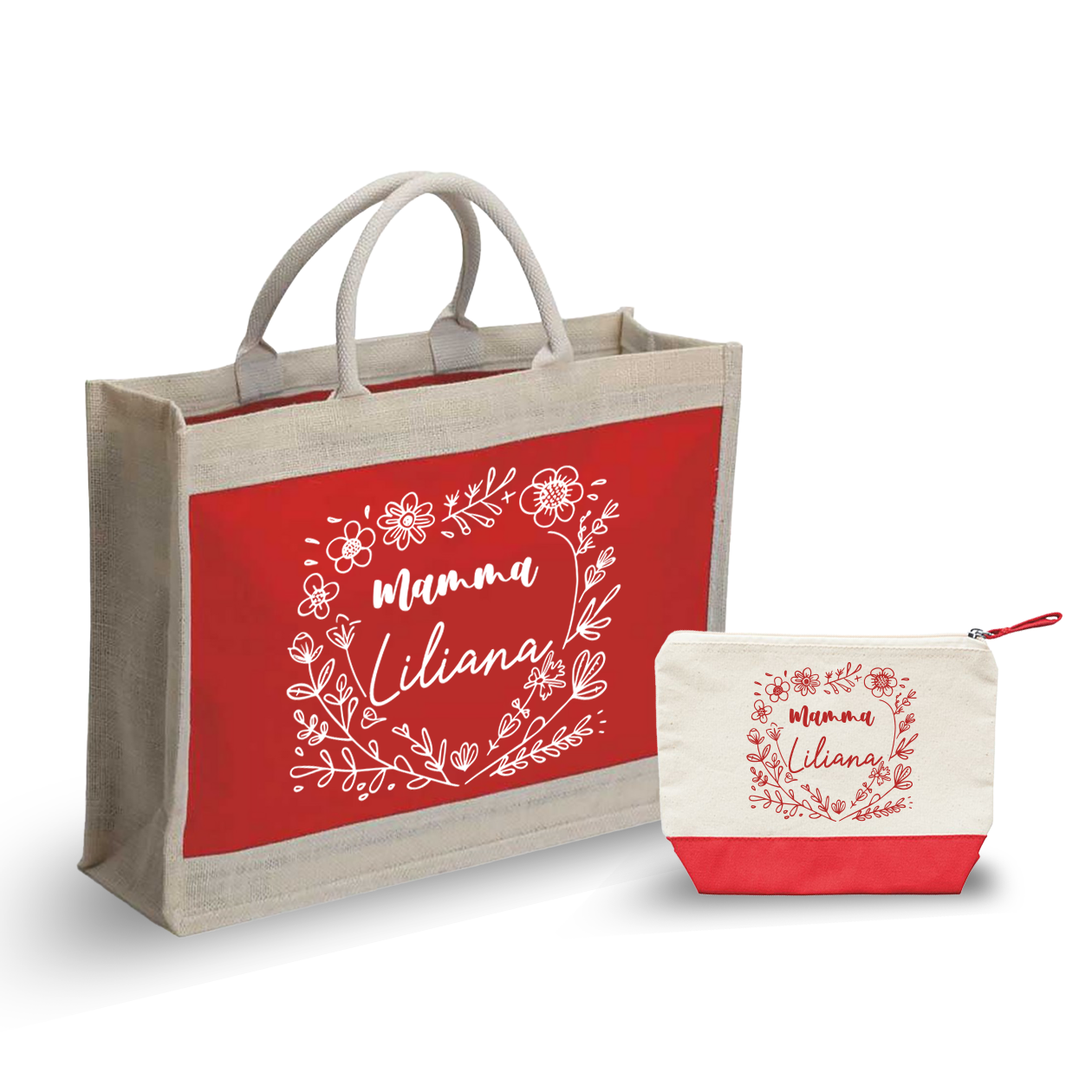Mamma flower heart - Combo: Borsa mare + Pochette - personalizzata con nome
