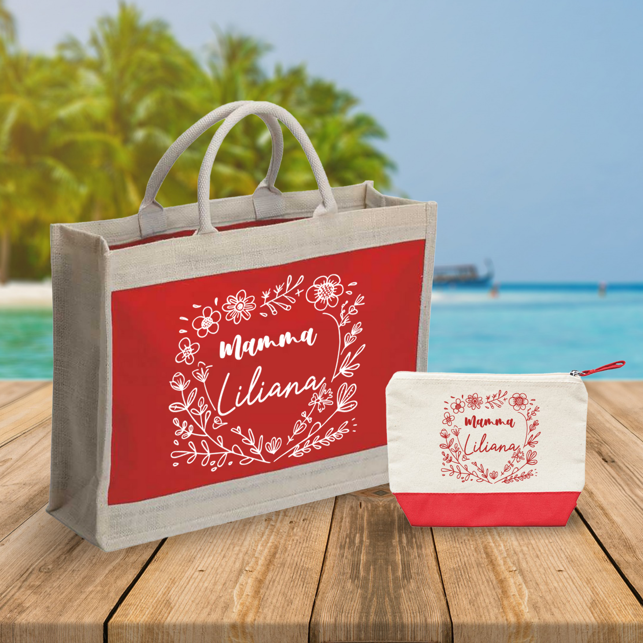 Mamma flower heart - Combo: Borsa mare + Pochette - personalizzata con nome