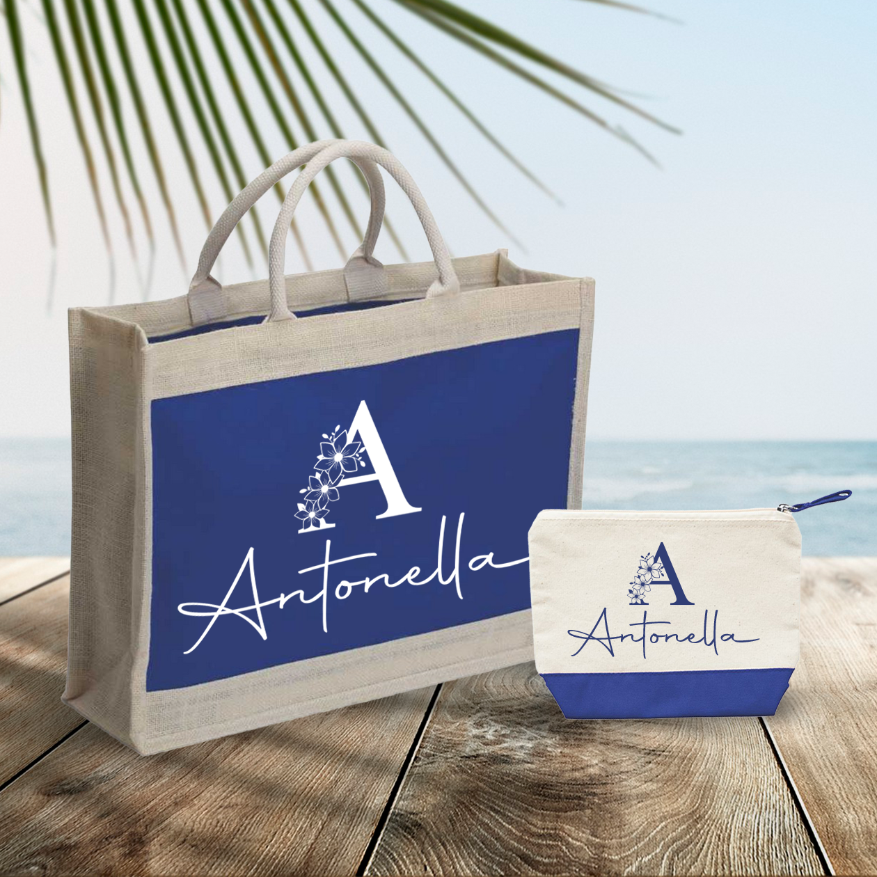 Letter flower - Combo: Borsa mare + Pochette - personalizzata con iniziale e nome