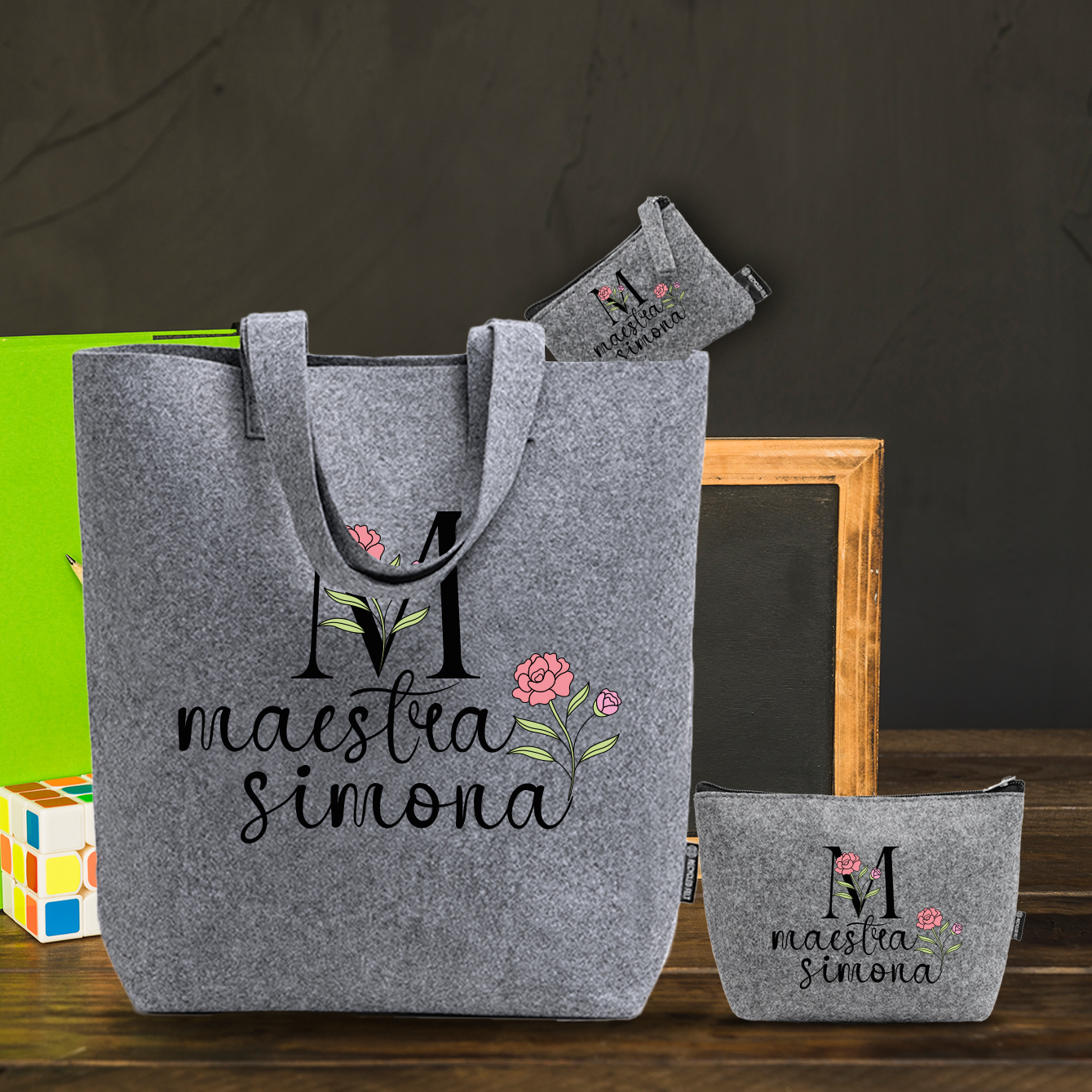 M - Maestra - Tris Borse in feltro con designe melange - personalizzato con nome