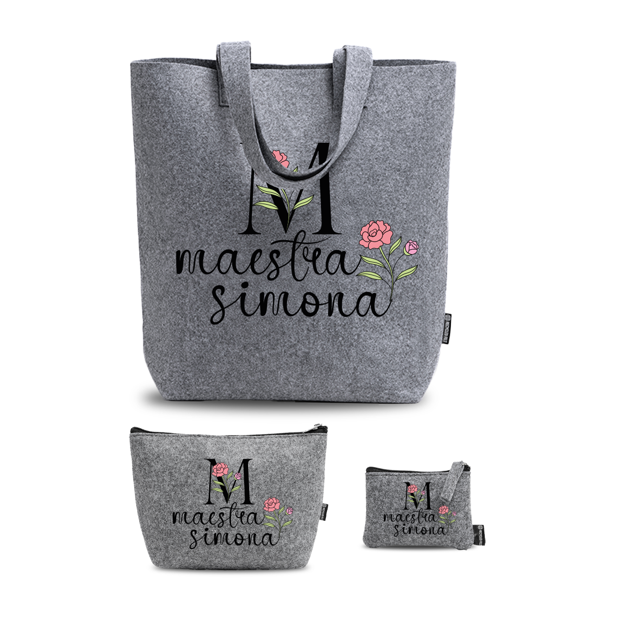 M - Maestra - Tris Borse in feltro con designe melange - personalizzato con nome