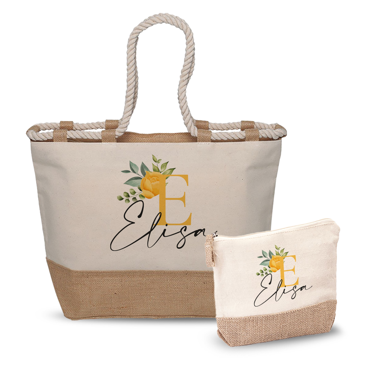 Name flower yellow - Combo: Borsa mare + Pochette - personalizzata con nome