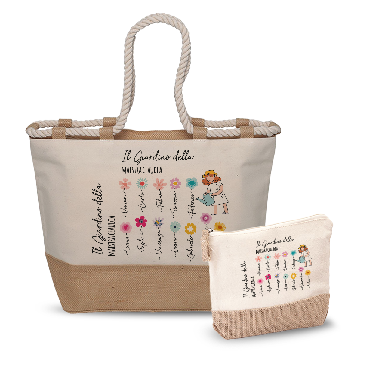 Il giardino della maestra - Combo: Borsa mare + Pochette - personalizzata