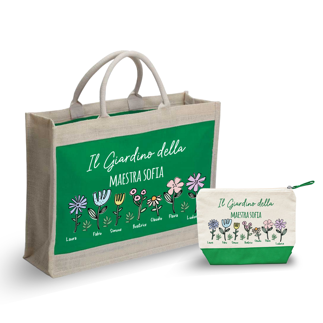 Il giardino della maestra - Combo: Borsa mare + Pochette - personalizzata con nome